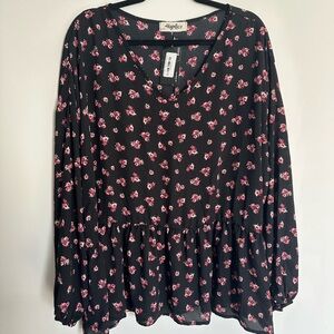 NWT Women's Haptics Black and Pink Floral Feminine Blouse